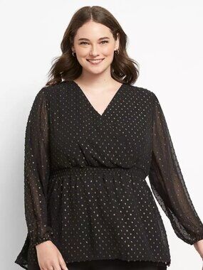 Lane Bryant Black & Gold Metallic Clip Dot Surplice Peplum Blouse - 18/20 (2X)